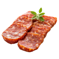 Slices of salami garnished with fresh herb on Transparent background, Salami isolated background backgroud, background png