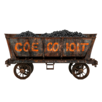 Rusty train cart filled with coal sits abandoned in a forgotten railway yard, rusty old train cart with coal written on it, Transparent background png