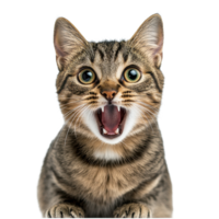 Startled tabby cat displaying surprise with wide open mouth and alert expression in indoor setting, Startled Tabby Cat with Open Mouth and Alert Expression or scared cat, Transparent background png