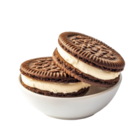 Delicious sandwich cookies with cream served in a bowl against a Transparent background for dessert lovers, sandwich cookies with cream in bowlisolated on background png
