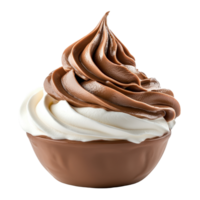 Delicious swirl of white and chocolate whipped cream in a chocolate bowl on a Transparent background, white and chocolate whipped cream isolated on png