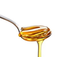 Spoon dripping honey with liquid cascading from its edge in a clear, bright setting, spoon with honey on it and a liquid pouring from it, Transparent background png