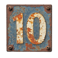 Rusty old sign displaying the number ten with a weathered Transparent background and blue border, rusty old sign with the number ten on it, background png