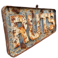 Rusty sign displays the word rust cast against a Transparent background conveying a vintage aesthetic, rusty sign that says rust cast on a png
