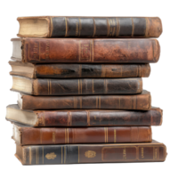 Stacked old leather-covered books resting on a Transparent background showcasing their timeless appeal, stack old books with leather covers, background png