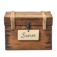 Rustic wooden box with a sign resting on a Transparent background, wooden box with a sign that says spare, background png