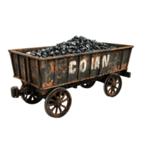 Rusty old train cart filled with coal sits ready for transport in a vintage setting, rusty old train cart with coal written on it, Transparent background png