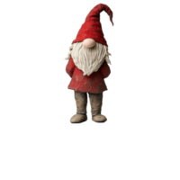 Whimsical gnome figure with red hat standing on stone pedestal in a bright setting, Whimsical Gnome Figure Standing on Stone Pedestal on Transparent background, background png