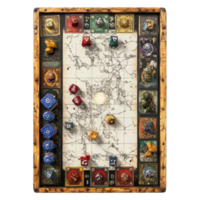 Detailed RPG board game with colorful tokens and dice on a Transparent background for tabletop adventures, RPG board game, background png