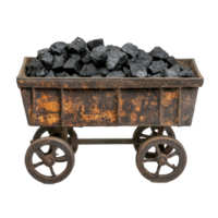 Rusty coal cart filled with black coal on wheels against a Transparent background, rusty coal cart with coal on wheels, background png