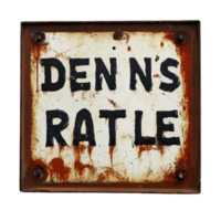 Rusty sign indicating a location with the unusual name of Dennis Rattle on a worn surface, sign that says demons traction on a rusty surface, Transparent background png