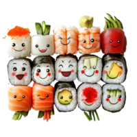 Colorful sushi rolls with playful faces and fresh vegetables create a fun dining experience, row sushi with different faces and vegetables, Transparent background, background png