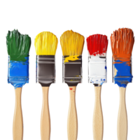 Colorful row of paint brushes covered in vibrant paint ready for artistic projects, row paint brushes with different colors paint, Transparent background png