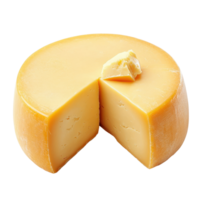 Round Gouda cheese with a piece cut out, isolated on a Transparent background for culinary use, Round Gouda Cheese with Piece isolated on background png