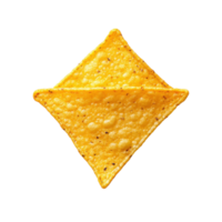 Single nacho chip arranged on a clean white surface showcasing its texture and triangular shape, Transparent background of a single nacho chip from above, isolated on a background with a png
