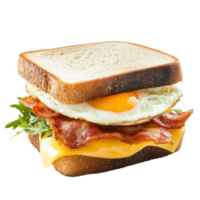 Delicious sandwich with bacon, cheese, and egg on white bread for breakfast enjoyment, Sandwich with bacon, cheese and egg isolated on Transparent background, background png