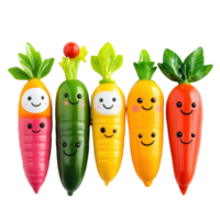 Colorful plastic vegetables with playful faces and leaves for creative play and learning, row colorful plastic vegetables with faces and leaves, Transparent background, background png