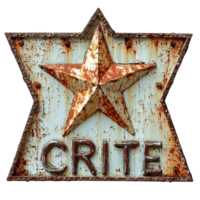 Rusty star-shaped sign with the word cri displayed in a weathered design, rusty sign with a star shaped star and the word critic, Transparent background png