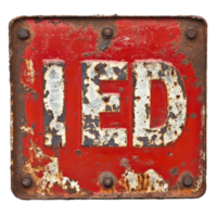 Weathered rusty red sign displaying the word IED in white lettering, rusty red sign with the word i red on it, Transparent background png