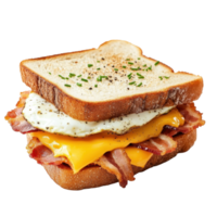 Delicious sandwich featuring crispy bacon, melted cheese, and a sunny-side up egg nestled between two slices of bread, Sandwich with bacon, cheese and egg on a Transparent background, png