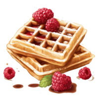 Delicious waffles topped with fresh raspberries and syrup on a Transparent background, Waffles isolated on trransparent png
