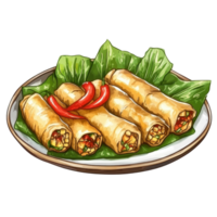 Crispy spring rolls served on a bed of fresh greens alongside red chili peppers, Spring rolls food in a plateisolated on Transparent background png