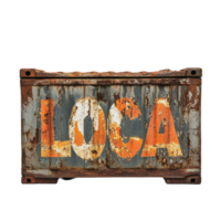 Rusty container with painted letters located outdoors shows signs of age and wear in an urban environment, rusty container with the word loca painted on it, Transparent background png