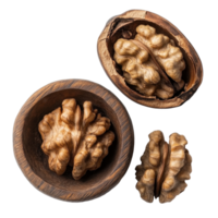 Perfectly arranged walnut and cracked walnut in a wooden bowl on a Transparent background, walnut and a cracked walnut plateisolated on background png