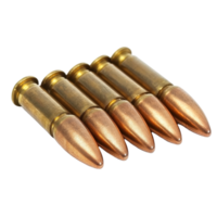 Stack of five weapon bullet cartridges arranged neatly on a Transparent background, stack weapon bullet cartridges on isolatedisolated on background png