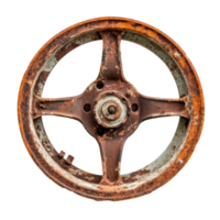 Rusty rimmed wheel with spokes, featuring a noticeable gap, highlights weathered charm and industrial design, Rusty Rimmed Wheel with a Gap in the Spokes, Transparent background png
