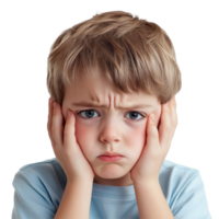 Garoto parece triste e angustiado com mãos em dele face, expressando sentimentos do doença ou emocional problemas, triste criança Garoto dentro uma mau humor ou doente e tem problemas, Arquivo do isolado objeto em branco png
