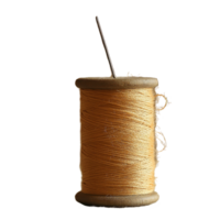 Spool of golden thread with needle on a textured fabric background, Spool Thread and Needle png