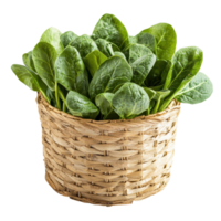 Fresh spinach leaves in a woven basket isolated on a Transparent background for a healthy lifestyle, spinach in the basketisolated on background png