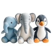 Soft toys dinosaur, penguin, and elephant on a clean Transparent background for children's playtime, soft toys, dinosaur, penguin, elephant on png