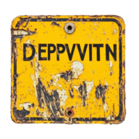 Yellow warning sign displaying the word deprvatition in bold black lettering on a weathered surface, yellow sign with the word deprvatition on it, Transparent background png