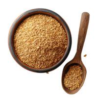 Wheat germ in a bowl with a wooden scoop on a Transparent background for healthy nutrition and cooking, Wheat germ in a bowl and scoopisolated on background png
