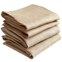 Bundle of folded beige burlap fabric showcasing texture and simplicity for crafting and home decor, This is a bundle beige burlap fabric with visible texture displayed on a plain Transparent png