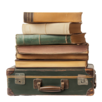 Stacked books on a vintage suitcase against a Transparent background for an artistic travel vibe, stack books sitting on top a suitcase, background png