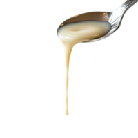 Liquid pouring from a spoon into a bowl filled with creamy substance against a simple background, spoon with liquid pouring out it in a bowl, Transparent background png