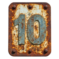 Weathered rusty sign showing the number ten against a faded Transparent background, rusty old sign with the number ten on it, background png