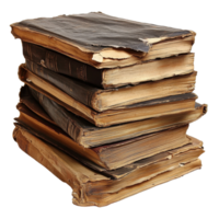 Stack of old, worn books with torn pages resting against a Transparent background, stack old books with a few pages torn off, background png