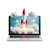 Laptop shows rocket launching against a Transparent background representing business growth and innovation, background rocket launch with laptop, business concept idea or start up success png