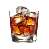 Stylish glass of whiskey with ice cubes presented on a clean Transparent background, whiskey with ice cubesisolated on background png