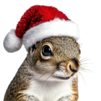 Squirrel sporting a festive Christmas hat on a bright Transparent background, Squirrel wearing a christmas hat on png