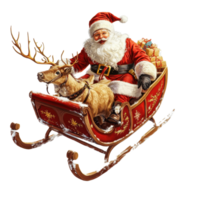 Santa Claus rides in a sleigh with reindeer through a snowy landscape celebrating Christmas, Santa Claus with Reindeer and Sleigh Christmas Theme on Transparent background, background png