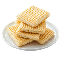 Delicate wafers arranged neatly on a white plate, emphasizing their texture and lightness, Wafers in a plateisolated on Transparent background png