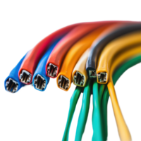 Row of colored electrical wires arranged on a white surface emphasizing their vivid hues, row colored electrical wires on a white surface, Transparent background png