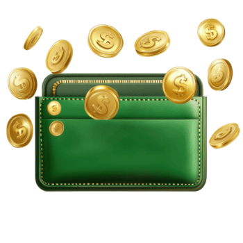 Green wallet with golden coins flying against a Transparent background creating a vibrant and dynamic representation of wealth, background a green wallet with flying golden coins on a png