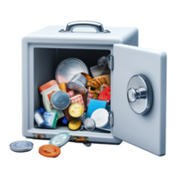 Safe box filled with various items and treasures against a Transparent background, safe box with a bunch items inside, background png