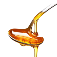 Honey drips from a spoon creating a glossy texture in bright light, spoon with honey on it and a liquid pouring from it, Transparent background png
